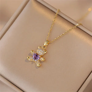 Sparkling Zircon Bear Pendant Necklace – Titanium Steel Lock Bone Chain for Women - Dazzling Beauty Solution