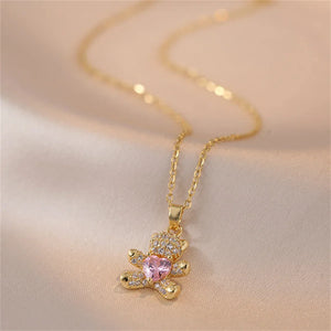 Sparkling Zircon Bear Pendant Necklace – Titanium Steel Lock Bone Chain for Women - Dazzling Beauty Solution