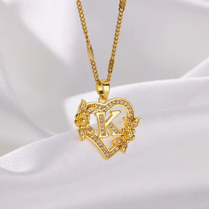 Personalized Gold Initials Heart Necklace – Stainless Steel with Zircon Flower Charm - Dazzling Beauty Solution