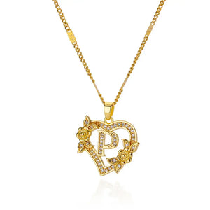 Personalized Gold Initials Heart Necklace – Stainless Steel with Zircon Flower Charm - Dazzling Beauty Solution
