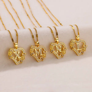 Personalized Gold Initials Heart Necklace – Stainless Steel with Zircon Flower Charm - Dazzling Beauty Solution