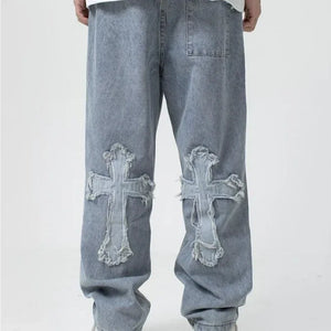 Men’s Loose Fit White Jeans – Y2K Cross Design - Dazzling Beauty Solution