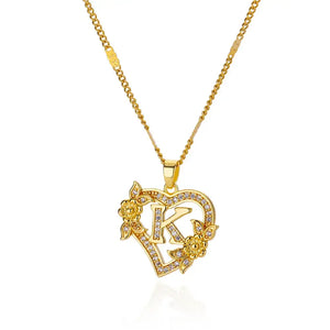Personalized Gold Initials Heart Necklace – Stainless Steel with Zircon Flower Charm - Dazzling Beauty Solution