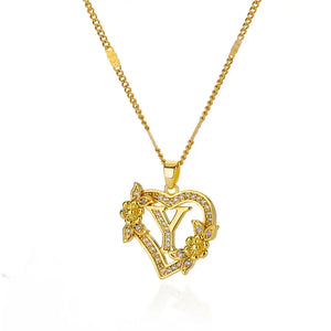 Personalized Gold Initials Heart Necklace – Stainless Steel with Zircon Flower Charm - Dazzling Beauty Solution