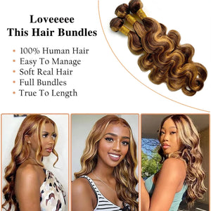 P4/27 Highlight Body Wave Bundles | 18–22 Inch Ombre Brown Human Hair | 100% Brazilian Remy Bundles | Dazzling Beauty Solution - Dazzling Beauty Solution