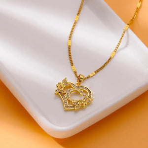 Personalized Gold Initials Heart Necklace – Stainless Steel with Zircon Flower Charm - Dazzling Beauty Solution