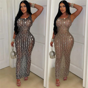 Sparkly Rhinestones Diamonds Evening Dress – Long Sleeveless Mesh Luxury Gown for Prom, Birthdays, and Parties - Dazzling Beauty Solution