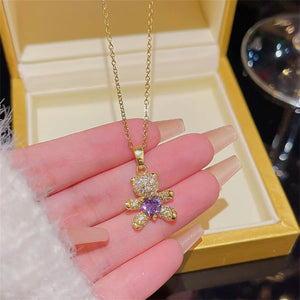 Sparkling Zircon Bear Pendant Necklace – Titanium Steel Lock Bone Chain for Women - Dazzling Beauty Solution