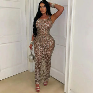 Sparkly Rhinestones Diamonds Evening Dress – Long Sleeveless Mesh Luxury Gown for Prom, Birthdays, and Parties - Dazzling Beauty Solution