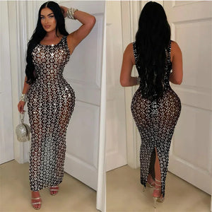 Sparkly Rhinestones Diamonds Evening Dress – Long Sleeveless Mesh Luxury Gown for Prom, Birthdays, and Parties - Dazzling Beauty Solution