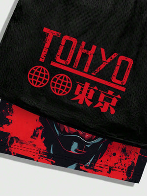 ROMWE MEN Anime Men'S Simple Figure Graphic Drawstring Waist Basketball Shorts, School