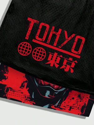 ROMWE MEN Anime Men'S Simple Figure Graphic Drawstring Waist Basketball Shorts, School - Dazzling Beauty Solution