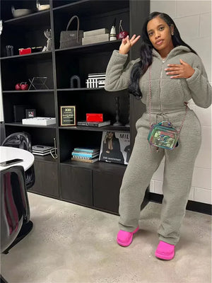 Cozy Up This Winter with Our Solid Plush 2-Piece Women's Zipper Cardigan and Drawstring Pants Set - Dazzling Beauty Solution