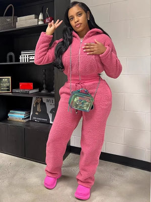 Cozy Up This Winter with Our Solid Plush 2-Piece Women's Zipper Cardigan and Drawstring Pants Set