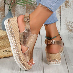 Summer Shiny Sandals Hollow Design Fish Mouth Sandal For Women Fashion Buckle Wedges Shoes - Dazzling Beauty Solution