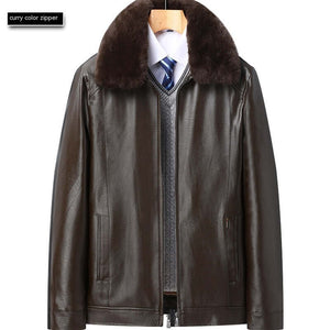 Men’s Winter Velvet PU Leather Jacket Padded Warm Coat with fur collar and zipper detail.