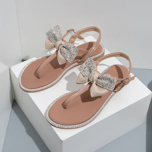 Rhinestone Bow Ladies High End Flat Sandals - Dazzling Beauty Solution