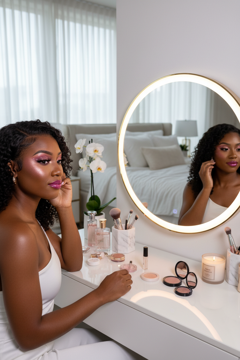 Black girl in a bedroom setting sitting from of her vanity desk mirror pink and dazzling look for makeup niche realistic and mobile friendly