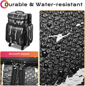 Soft Sided Rolling Makeup Train Case Cosmetic Organizer Crocodile Makeup Case Trolley for Makeup Artist Nail Technician Hairstylist Crafters with Detachable Pouch & Shoulder Strap,Black