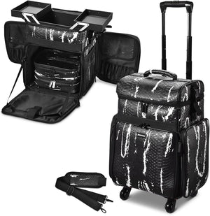 Soft Sided Rolling Makeup Train Case Cosmetic Organizer Crocodile Makeup Case Trolley for Makeup Artist Nail Technician Hairstylist Crafters with Detachable Pouch & Shoulder Strap,Black