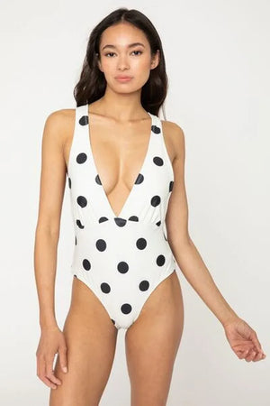 Marina West Polka Dot One-Piece Swimsuit â Beachy Keen Tied Plunge - Dazzling Beauty Solution