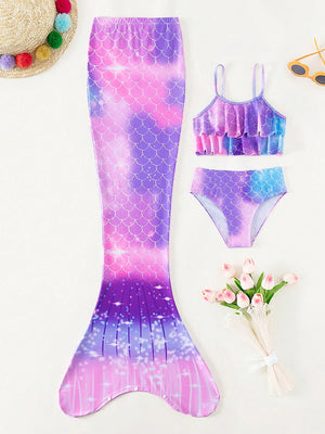 Tween Girl Fish Scales Print Mermaid Tail Set