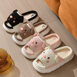 Piggy Cute Couple Open Toe Linen Cotton Linen Slippers - Dazzling Beauty Solution