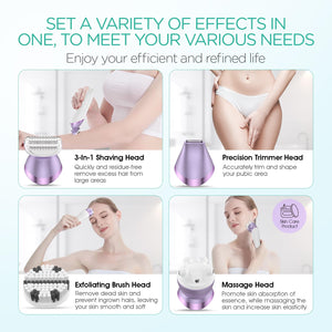 Electric Razors for Women 4 in 1 Bikini Trimmer, Foil Shaver for Women 4 Replacement Heads for Body, Pubic Hair Trimmer, Cleansing, Massage 2 Adjustable Speeds Rechargeable Shaver ES501 (Purple)