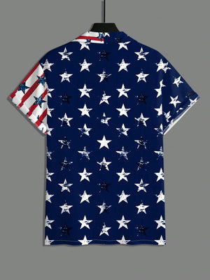 Manfinity Homme Men'S Summer USA Flag Printed Short Sleeve Single-Breasted Casual Shirt for 4Th of July