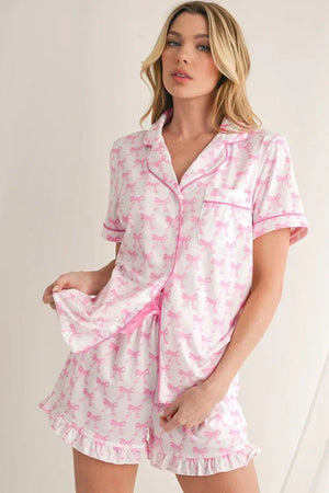 Bowknot Shirt and Ruffle Hem Shorts Pajama Set - Dazzling Beauty Solution
