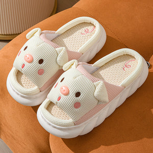 Piggy Cute Couple Open Toe Linen Cotton Linen Slippers - Dazzling Beauty Solution
