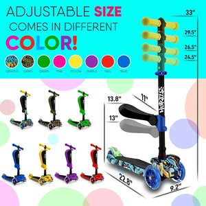 3-Wheeled Scooter for Kids - Wheel LED Lights, Adjustable Lean-To-Steer Handlebar, and Foldable Seat - Sit or Stand Ride with Brake for Boys and Girls Ages 1-14 Years Old - Dazzling Beauty Solution