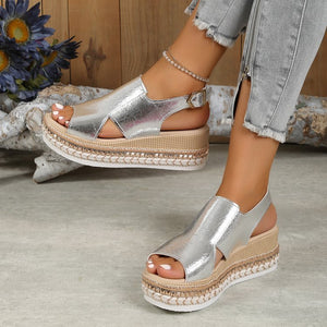 Summer Shiny Sandals Hollow Design Fish Mouth Sandal For Women Fashion Buckle Wedges Shoes - Dazzling Beauty Solution