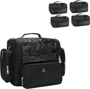 Makeup Brush Bag Extra Large Makeup Brush Case with 4 Small Bags Professional Makeup Artist Brush Holder Stand up Organizer for Travel with Adjustable Dividers and Shoulder Strap