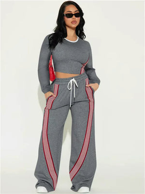 Stylish Contrast Stripe 2-Piece Women's Set: O-Neck Full Sleeve Crop Top & Drawstring Long Pants for Casual Sports Vibes! - Dazzling Beauty Solution