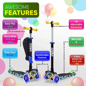 3-Wheeled Scooter for Kids - Wheel LED Lights, Adjustable Lean-To-Steer Handlebar, and Foldable Seat - Sit or Stand Ride with Brake for Boys and Girls Ages 1-14 Years Old - Dazzling Beauty Solution