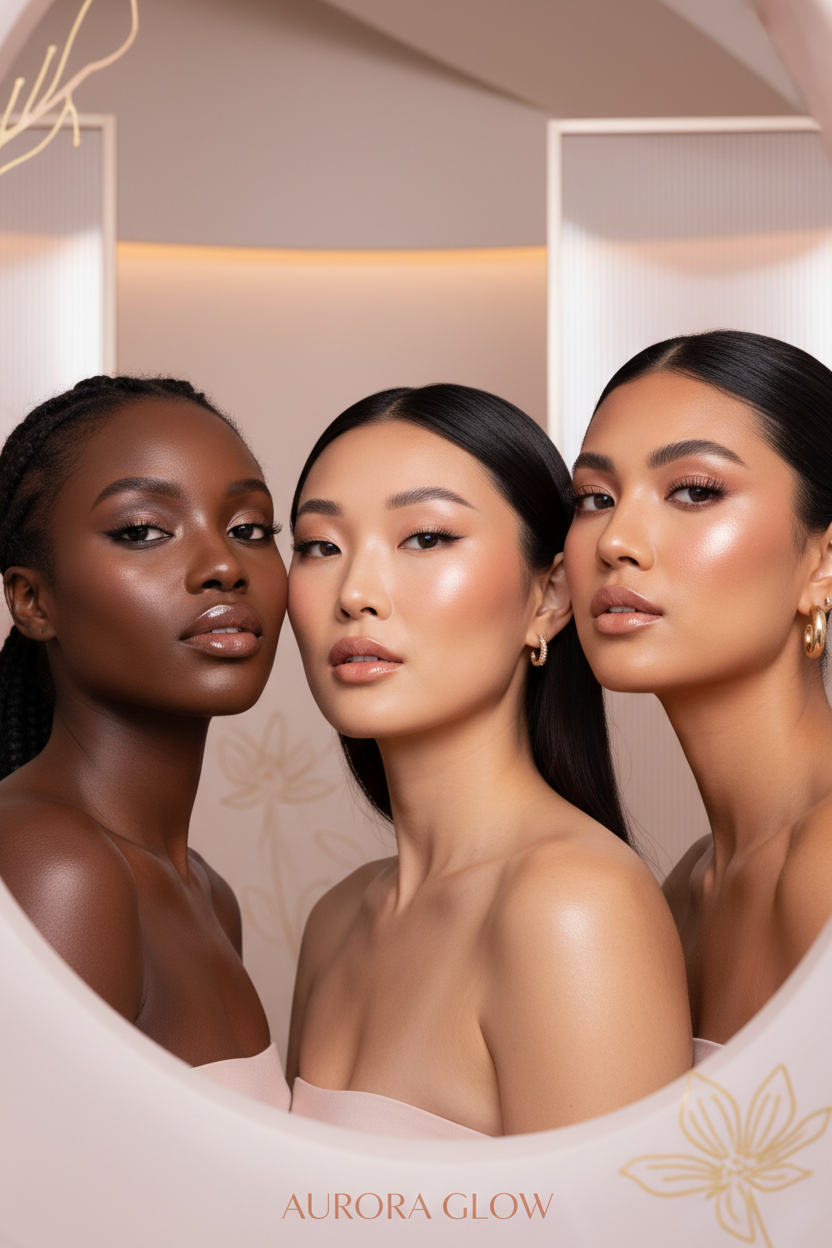 Realistic Luxury beauty illustration with soft blush pink, rose gold, and nude tones. Confident diverse women with glowing skin, glossy lips, long lashes, elegant makeup. Clean modern background, feminine aesthetic, high-end beauty brand, soft lighting, chic and dazzling style, minimal but powerful, Shopify hero image.
mobile friendly