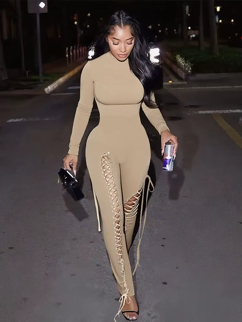Sexy Fall Jumpsuits Women Diy Shirring O-Neck Full Sleeve Midnight Party Club Stretch Activity Fitness Slim Overalls