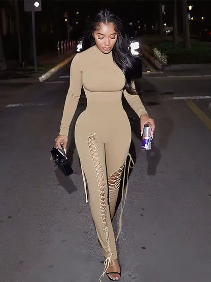 Sexy Fall Jumpsuits Women Diy Shirring O-Neck Full Sleeve Midnight Party Club Stretch Activity Fitness Slim Overalls
