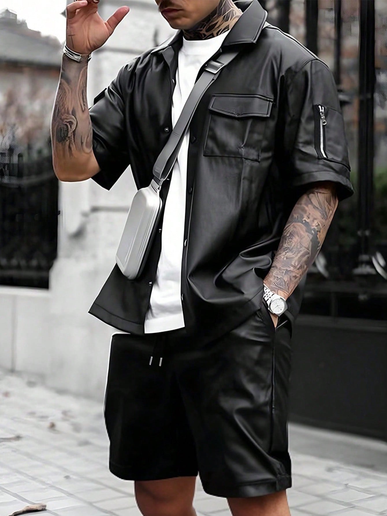 Manfinity LEGND Men'S Solid Front Button Short Sleeve Shirt and Drawstring Waist Pocket Shorts Set Men'S Outfits Sets Men Fashion Clothes Men Outfits 2 Pieces Men'S Designer Outfits