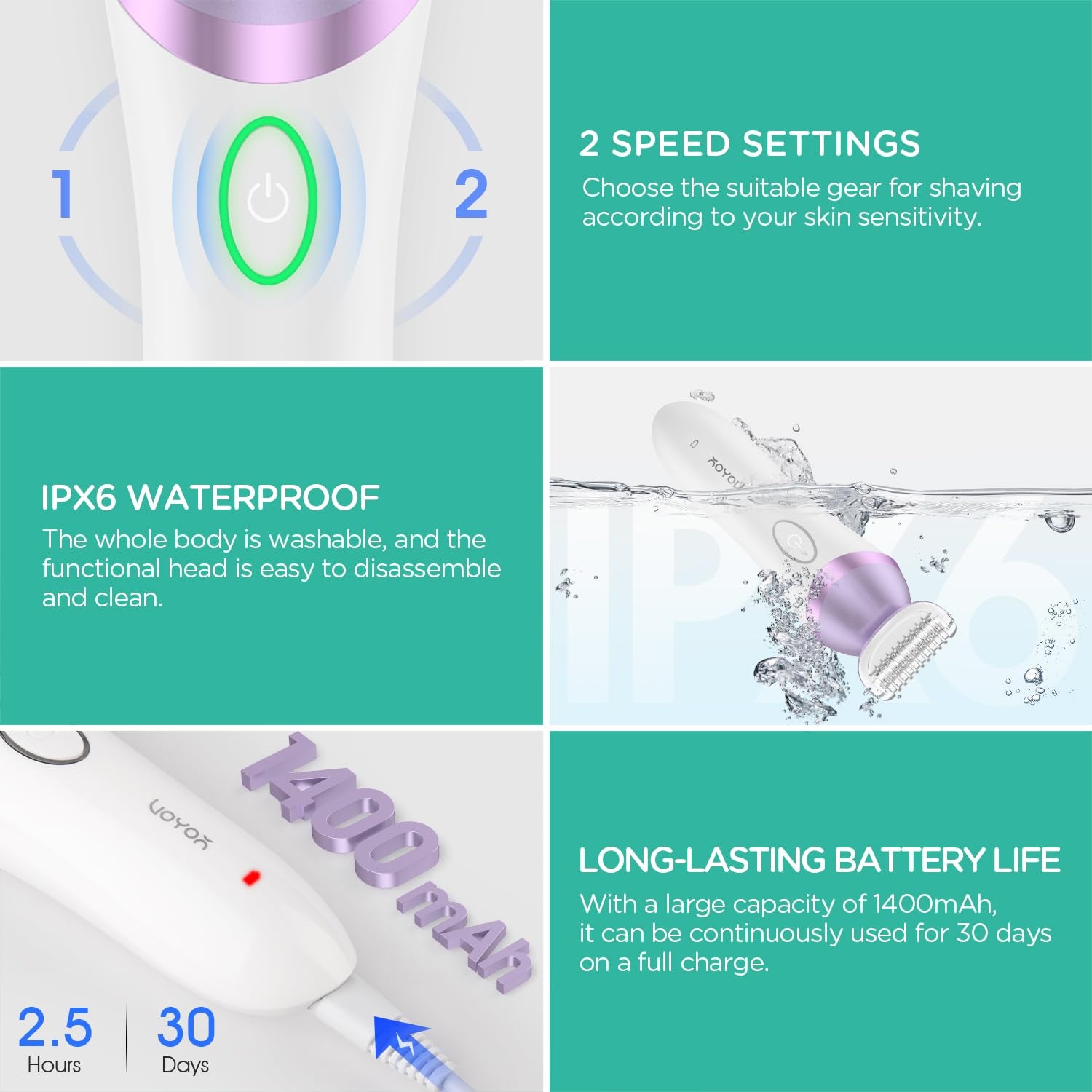 Electric Razors for Women 4 in 1 Bikini Trimmer, Foil Shaver for Women 4 Replacement Heads for Body, Pubic Hair Trimmer, Cleansing, Massage 2 Adjustable Speeds Rechargeable Shaver ES501 (Purple)