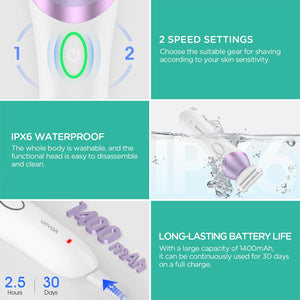 Electric Razors for Women 4 in 1 Bikini Trimmer, Foil Shaver for Women 4 Replacement Heads for Body, Pubic Hair Trimmer, Cleansing, Massage 2 Adjustable Speeds Rechargeable Shaver ES501 (Purple)
