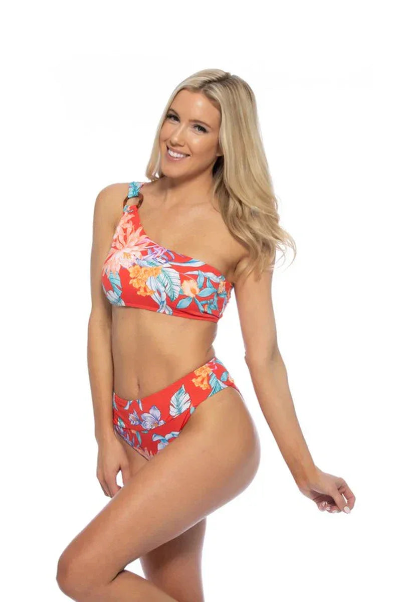RED TROPICAL RING ACCENT ONE SHOULDER BIKINI SET - Dazzling Beauty Solution
