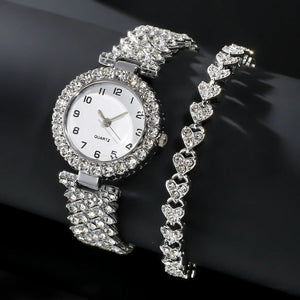Fashion Jewelry 2pcs Luxury Fashion Women Watch Set Silver Strap Ladies Quartz Wristwatch Alloy Bracelet For Ladies Jewelry Set Clock Gift - Dazzling Beauty Solution