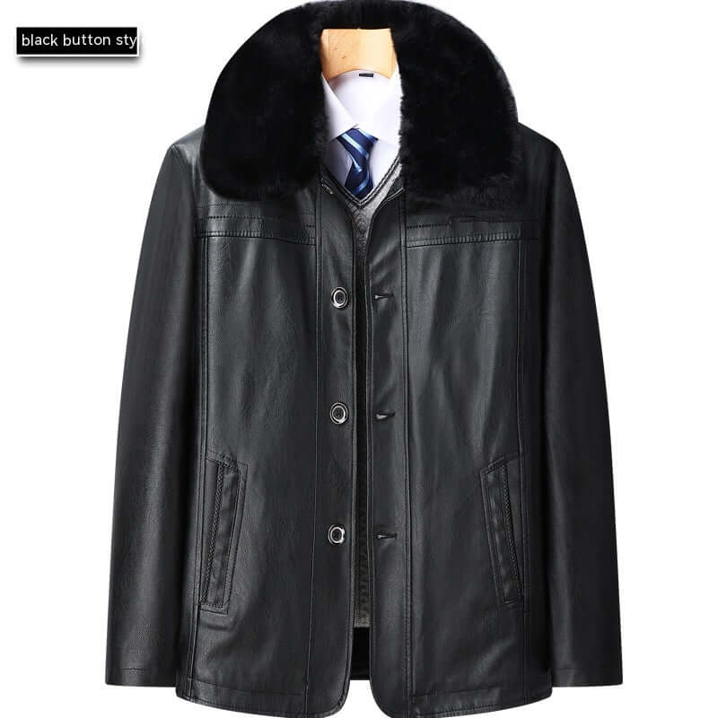 Men’s Winter Velvet PU Leather Jacket Padded Warm Coat with faux fur collar and button style.