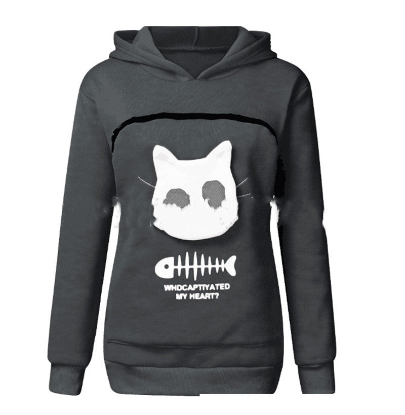 Women Hoodie Sweatshirt With Cat Pet Pocket Design Long Sleeve Sweater Cat Outfit - Dazzling Beauty Solution