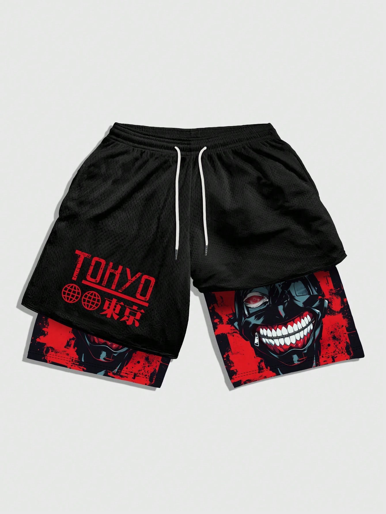 ROMWE MEN Anime Men'S Simple Figure Graphic Drawstring Waist Basketball Shorts, School