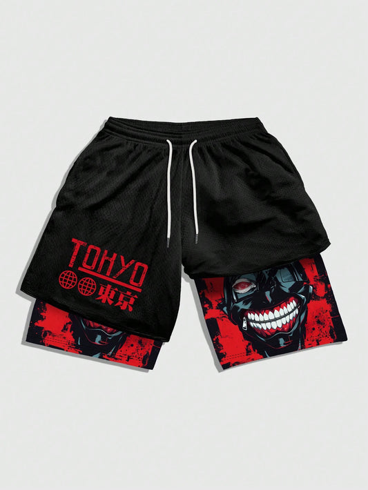 ROMWE MEN Anime Men'S Simple Figure Graphic Drawstring Waist Basketball Shorts, School