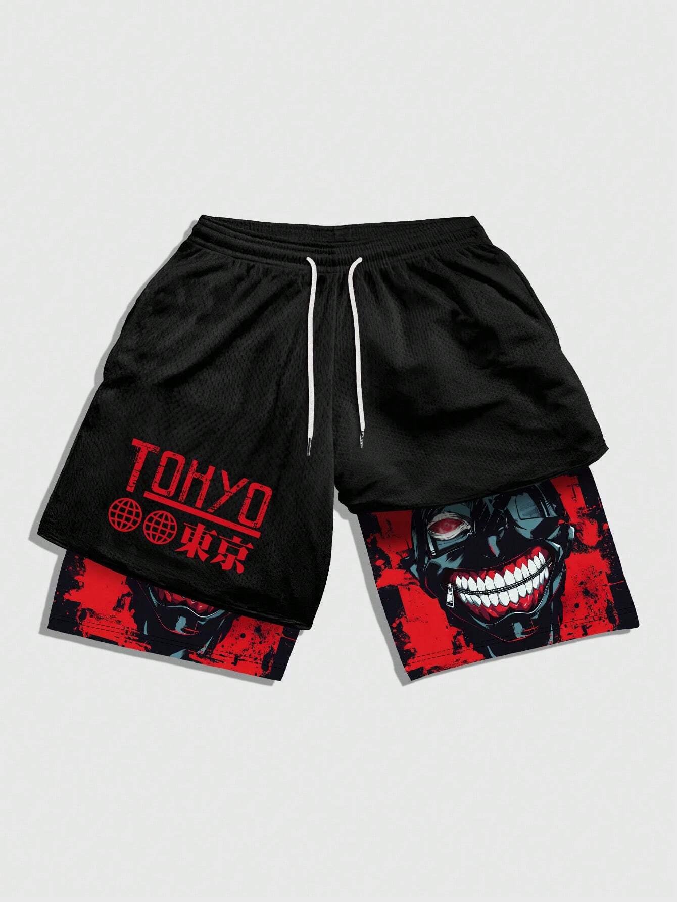 ROMWE MEN Anime Men'S Simple Figure Graphic Drawstring Waist Basketball Shorts, School