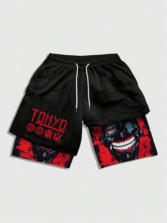 ROMWE MEN Anime Men'S Simple Figure Graphic Drawstring Waist Basketball Shorts, School